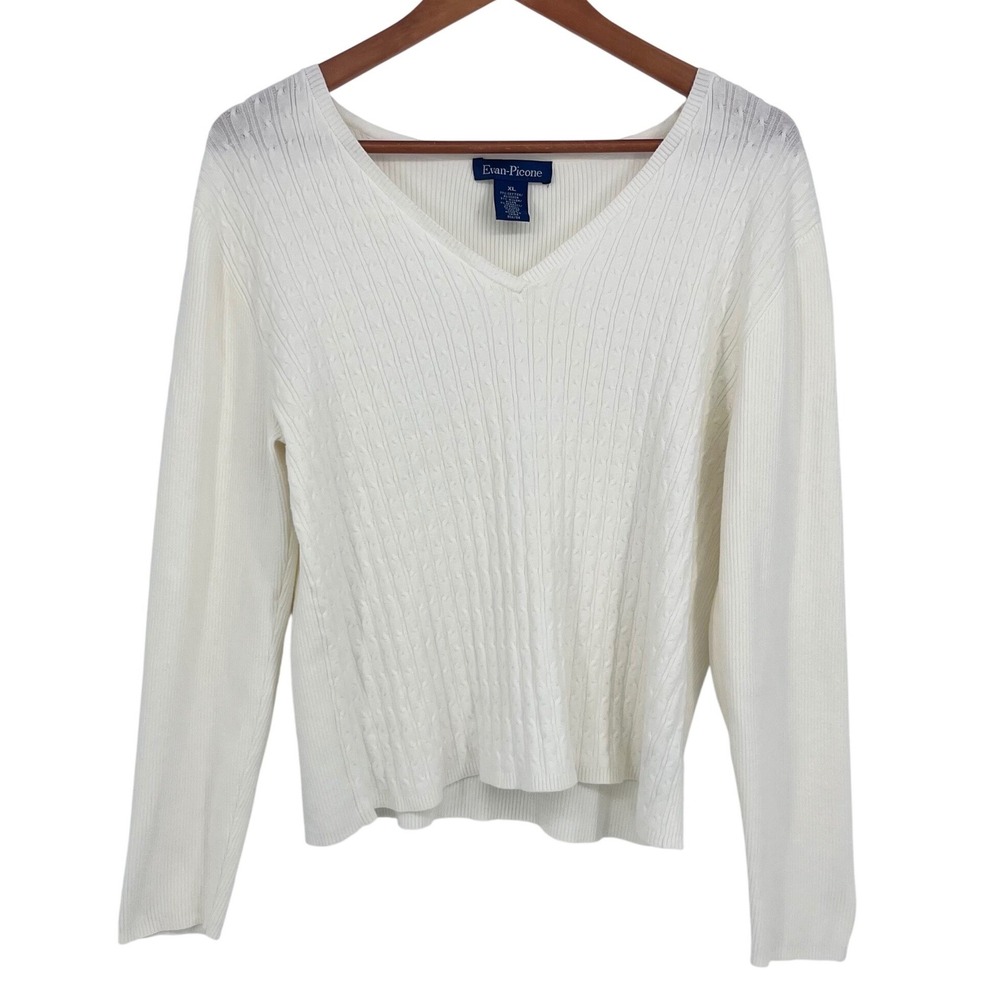 Evan-Picone Sweater Womens XL Cream White Cable Knit V-Neck Minimalist Classic